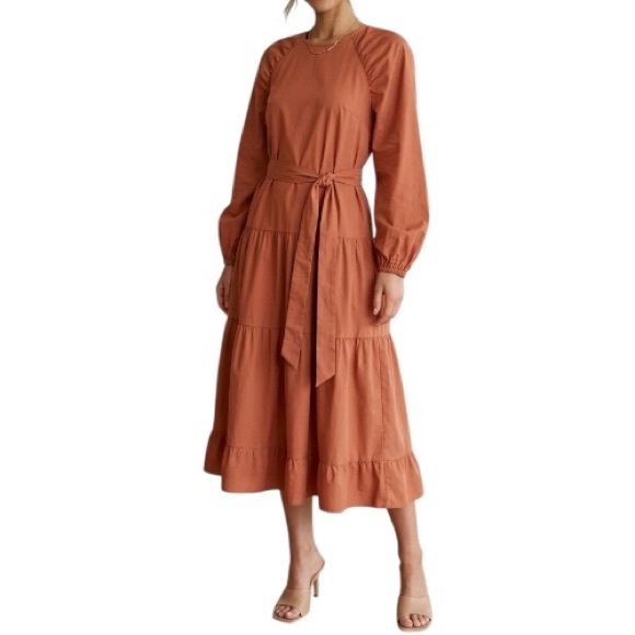 Theget Dresses & Skirts - The Get Rust Tiered Midi Dress Long Puff Sleeve Belted Cotton Blend - Size Large